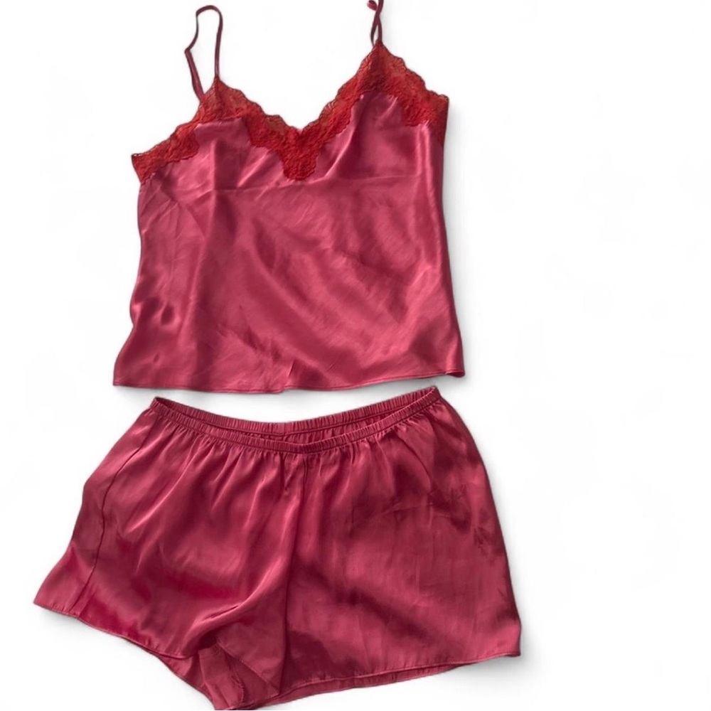 Linea Donatella Red Satin Pajama Set with Lace Trim